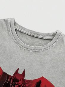 ROMWE MEN Batman X ROMWE Men's Letter & Figure Graphic Grey Short Sleeve T-Shirt - Grey - View 3