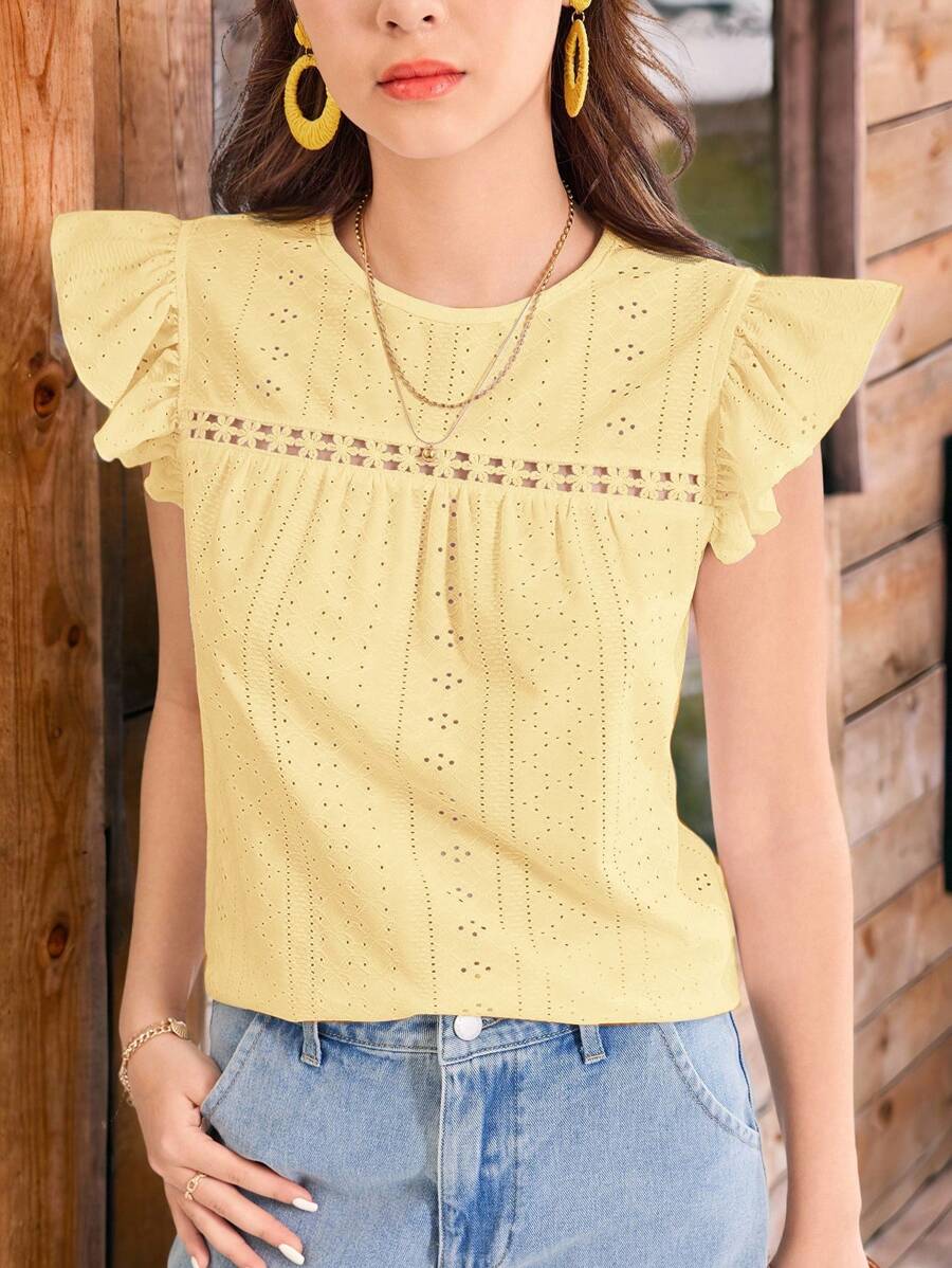 SHEIN Leap Crew TEEN GIRL 黄色纹理镂空针织T恤，宽松休闲度假风上衣 - 黃色 - 查看 1