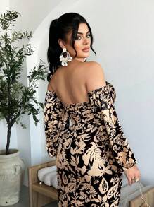 SHEIN SXY 休闲时尚全身印花性感露肩女式上衣 - 黑色 - 查看 2