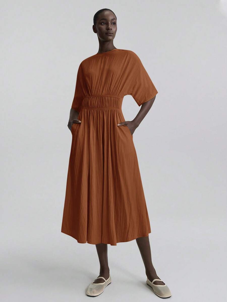 Ontre 2025 女式夏秋度假纯色荷叶边下摆无袖长裙，波西米亚风格，度假和节日，卡其色长裙，乡村音乐节服装，办公室教师服装，商务休闲装 - 紅色 - 查看 1