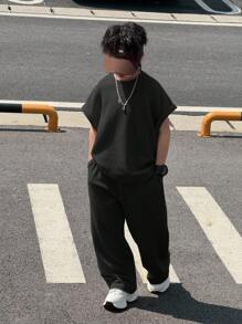 Tween Boy 休闲韩版宽松纯黑色背心和裤子套装，通勤、上学、日常休闲、运动皆宜，适合春夏季、度假 - 黑色 - 查看 5