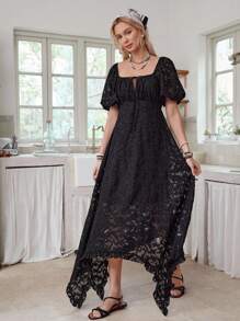 LanaWest Women's Casual Square Neck Drawstring Lantern Sleeve Sheer Asymmetrical Hem Dress - Black - View 4