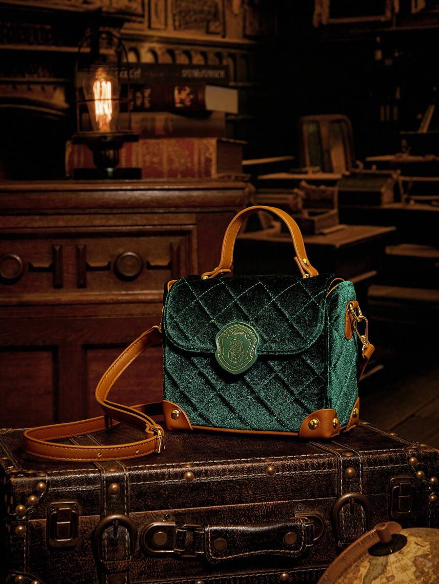 HARRY POTTER X SHEIN 1 件女式复古学院风绿色天鹅绒和 PU 皮革手提包，配有可拆卸肩带 - 綠色 - 查看 1