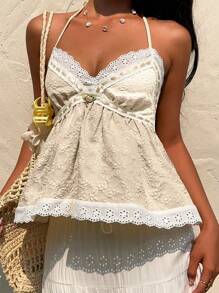 Sunnyshic 女士可爱花卉提花露背吊带上衣 - 杏色 - 查看 5