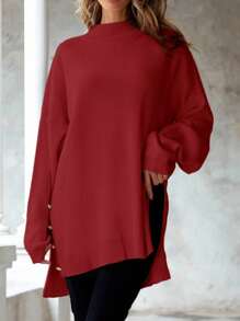 SHEIN Cottnline Suéter De Talla Grande Con Detalles De Botón Y Abertura Lateral - Rojo - Ver 3