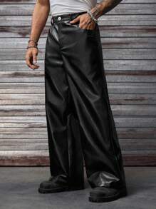 AXEPEAK 豹纹拼接休闲宽松直筒男士夏季长裤，秋季 - 黑色 - 查看 1