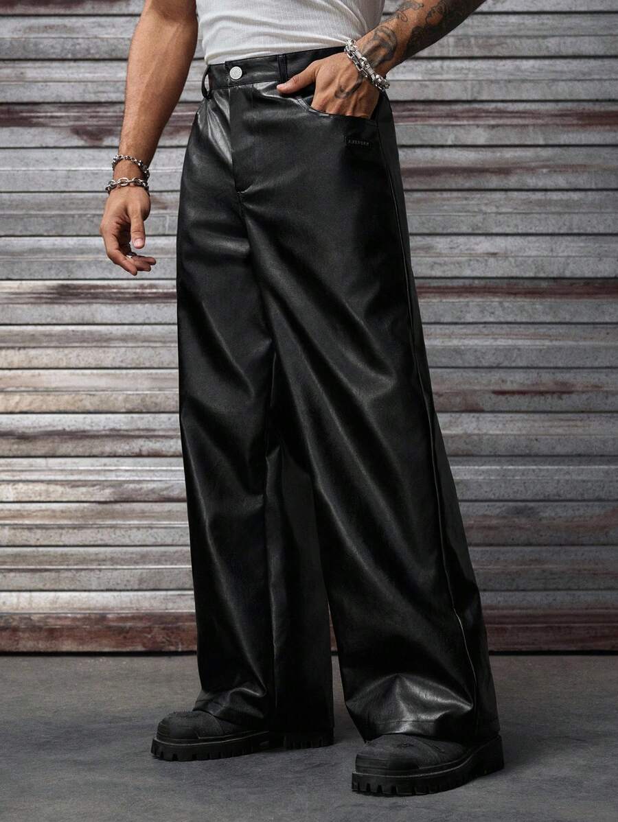 AXEPEAK 豹纹拼接休闲宽松直筒男士夏季长裤，秋季 - 黑色 - 查看 1