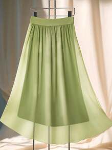 SHEIN Clasi Mint Green Chiffon Fashionable Women Mini Skirt With Zipper, Elegant Vacation Skirt - Mint Green - View 2