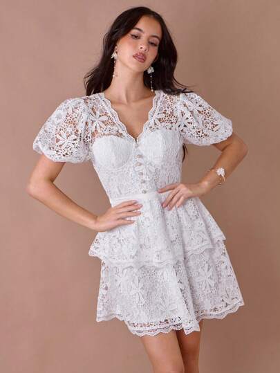 Enchnt Summer Romantic Women's White Exquisite Floral Hollow-Out Embroidered Lace V-Neck Short Puff Sleeve Cute Mini Dress,Sweet&Elegant For Vacation&Date&Holiday&Birthday&Party&Graduation&Wedding Guest&Beach,Prom Dress,Summer Dresses For Women,Sun Dresses For Women,Summer Clothes,Summer Outfits For Women,Elegant Dresses For Party,