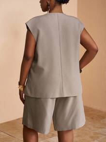 Veslaya 复活节西部海滩波西米亚乡村音乐节热带度假大码女装，百搭休闲简约基本款夏季海滩优雅西装外套和短裤套装 - 咖啡棕 - 查看 2