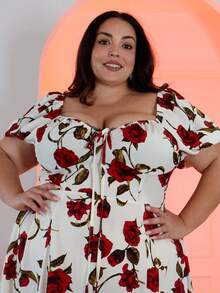 Pretty and Ole Plus Size Summer Elegant Rose Print Off Shoulder Split Dress Easter Wear - Red and White - View 5