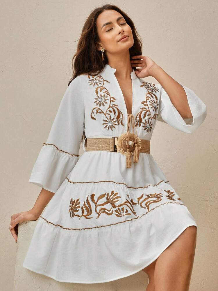 Women's Notched Neck Long Sleeve Vintage Casual Waisted Summer Dress