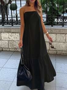 SHEIN Frenchy Women's Solid Color Ruffle Hem Maxi Tube Dress, Vacation Style Summer Black Casual - Black - View 2