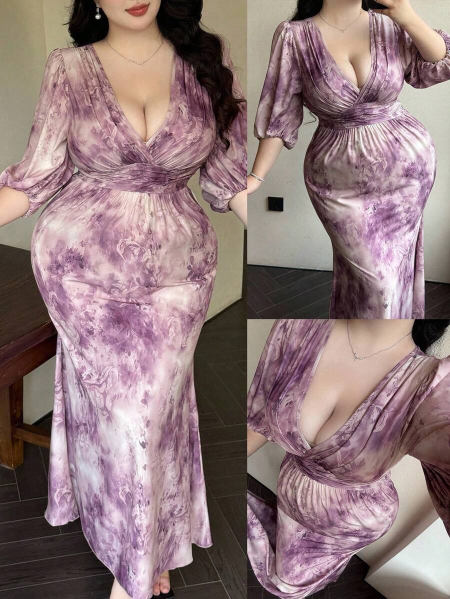 Vibekara Vestido elegante de cóctel para fiestas y eventos festivos con cuello en V, mangas de farol, cintura ceñida y bajo de cola de sirena para mujeres de talla grande
