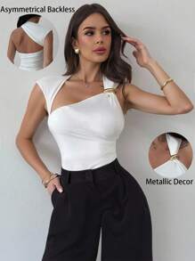 Firerie Asymmetric Shoulder Cross Ruched Backless Bodysuit With Metal Hardware Decor, Elegant Daily Office Wear, Summer & All Season - White - View 2