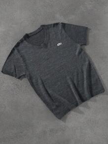 Manfinity Homme Men's Casual Lettered Logo Short Sleeve Knit Top, Summer Back To School - Dark Grey - View 2