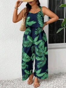 SHEIN Frenchy Plus Size Floral Print Sleeveless Jumpsuit, Summer Holiday - Blue - View 1
