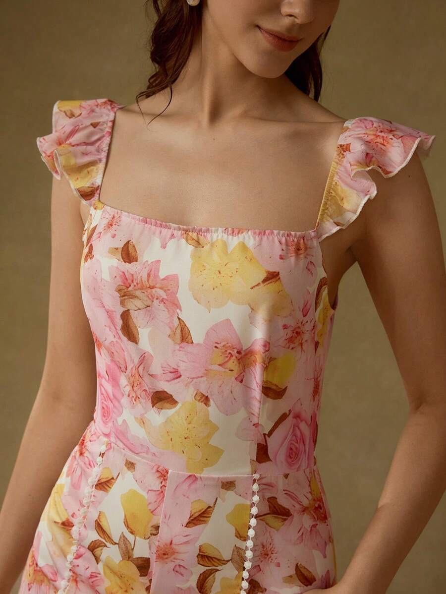 MOTF PREMIUM 全身花卉印花撞色蕾丝花边荷叶边袖窿喇叭腿连体裤 - 粉色 - 查看 2