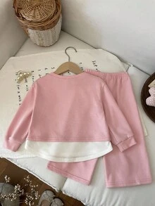LMoss Kids LMoss 2 Pieces Set Baby Girls Knit Color Block Sweatshirt & Pants,Cute Pink Flower Long Sleeve Tops & Bottoms Autumn Family Matching Girl Clothes Sets - Pink - View 2