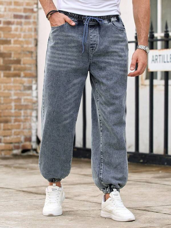 HIMLAND Men's Casual Street Style Drawstring Waist Tapered Leg Jeans Mens Baggy Jeans Mens Oversized Jeans Mens Wide Leg Jeans Grey Baggy Jeans Mens Jogger Jeans