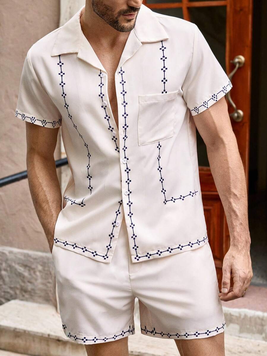 Manfinity VCAY 2 pièces/Set Chemise à fleurs boutonnée et short pour hommes, convient pour le port quotidien. Ensemble en lin 2 pièces pour hommes. Ensemble pyjama 2 pièces pour hommes d'été. Manfinity Ensemble chemise et short pour hommes. Ensemble 2 pièces d'été pour hommes. Tenue d'été pour hommes en villégiature. Vêtements de villégiature pour hommes, Old Money - Multicolore - Voir 1