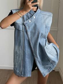 Livesso 女士牛仔无袖垫肩中长夹克