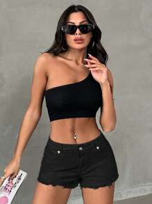 EURMUSE 100%纯棉纯色磨边牛仔短裤 - 黑色 - 查看 3