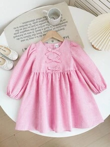 可爱百搭休闲粉白条纹蝴蝶结长袖女童连衣裙 - 粉色 - 查看 6