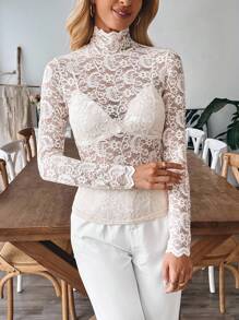 INAWLY 女款修身款素色高領日常長袖上衣 - 杏色 - 查看 7