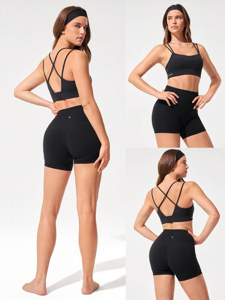 FeatherFit™-Sculpt Sweat & Slay Stretchy Sweat-Wicking Compressive Double Crisscross Straps Adjustable Buckle Bottom Removable Cups Longline Sports Bra Medium-Impact Jogging Gym Studio Training  Spring Summer