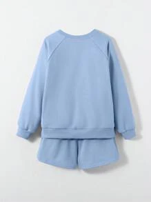 SHEIN Tween Girl Solid Colored Knitted Sweatshirt And Shorts Casual 2-Piece Set
