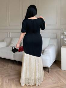 Modelyn Vestido elegante de talla grande con contrastes de color y patchwork de encaje - Negro - Ver 2