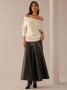 Lilora Autumn/Winter One Shoulder Ribbed Knit Long Sleeve Sweater With Rhinestones - Apricot - View 7