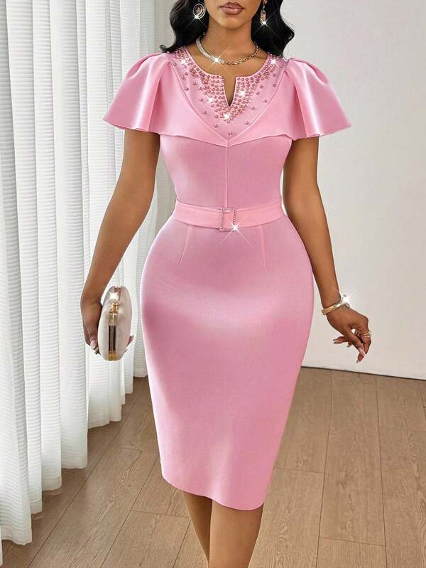 SHEIN Lady Rochie elegantă de damă cu perle și volane, mulată, de vară