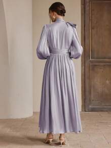 Anewsta 女士长裙，春秋，腰部褶皱闪亮设计，优雅百搭 - 淡紫色 - 查看 2