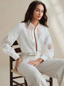 Anewsta Elegant Fashionable Sheer Mesh Embroidered Design White Blouse, Business - White - View 2
