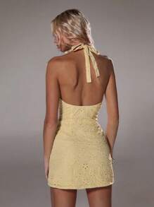 TRNVIE 浅黄色深V领挂脖A字连衣裙，春夏 - 黃色 - 查看 2