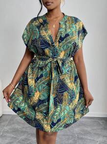 SHEIN PETITE CURVE Plus Size Vacation Bat-Sleeve Belted Shirt Dress,Summer Outfits For Women,Sun Dresses For Women Woman S Summer Clothes Women Summer Clothing Women Short Dresses Summer Summer Dresses For Women  Country Concert Outfit For People Of Shorter Stature - Green - View 4