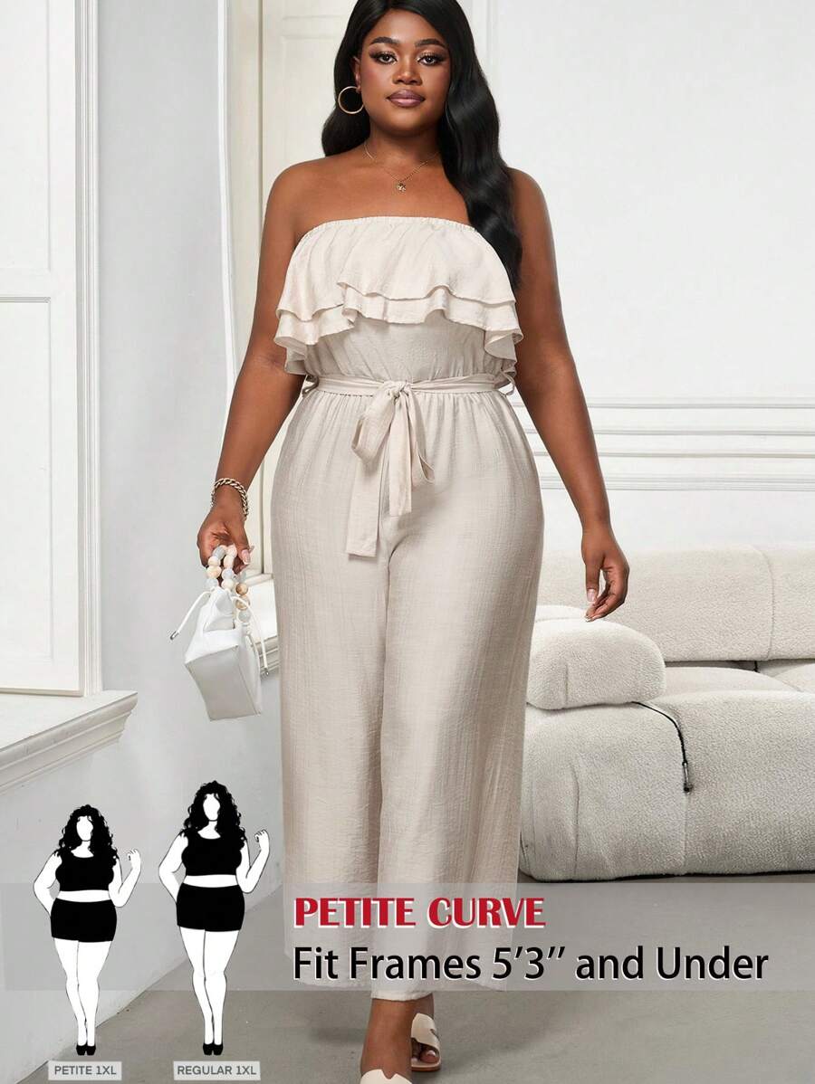 SHEIN PETITE CURVE Plus Size Women's Holiday Solid Color Ruffle Waist Tie Front Strapless Jumpsuit, Suitable For People Of Shorter Stature - Apricot - View 1