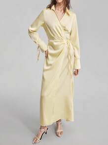 Ontre Women's Pale Yellow Autumn Elegant Tea Party Satin Wrap Dress,Long Sleeve V-Neck Tie Collar Waisted Loose Casual Business Commuter Mid-Length Dress - Yellow - View 5