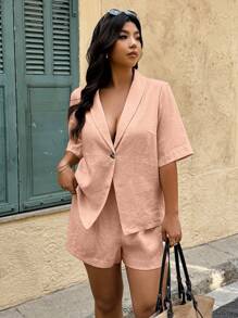 Calvaya Set de 2 piezas Chaqueta y pantalones cortos monocromáticos con cuello chal y manga corta de talla grande para mujer - Rosa coral - Ver 3