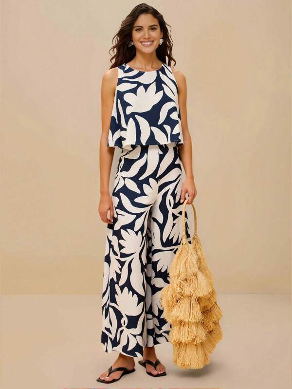 JIAN LASALA All-Over Printed Round Neck Layered Wide-Leg Long Jumpsuit Women Summer Vacation Outfits Es Hawaii Outfits Women Ankara Jumpsuits Resort Wear Rave Outfits Festival