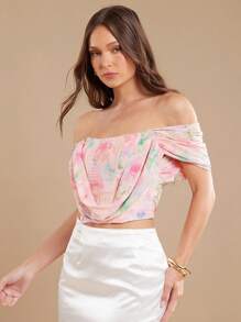 L'Amorae Bluză elegantă cu mânecă scurtă, cu imprimeu floral și umeri goi - Baby Pink - Vizualizare 3