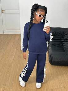 SHEIN 2 件套青少年女孩宽松圆领长袖运动衫和运动裤套装，海军蓝，带侧边蝴蝶结，秋冬休闲装 - 藏蓝色 - 查看 4