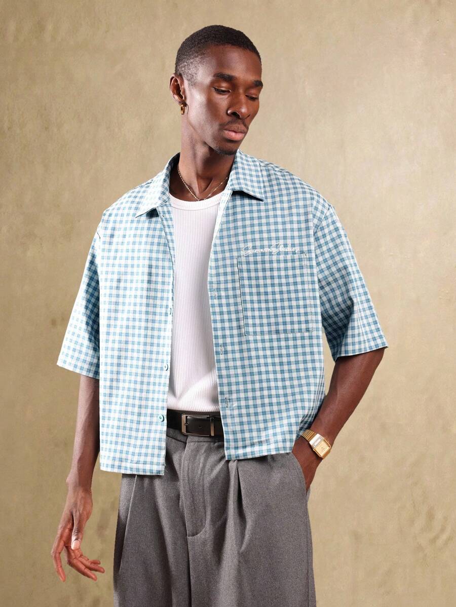 SUMWON Checked Short Sleeve Summer Button Up Shirt Business Casual Classic Sport Shirt Modern Slim Fit Holiday Stylish Office Weekend Wear - Blue - View 1