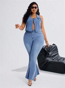 Slaydiva Chaqueta vaquera sin mangas con abertura alta para mujer de talla grande, sexy e inelástica para otoño - Azul - Ver 5