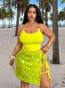Slaydiva Women's Plus Size Lime Green 2pcs Set, Summer Beach Vacation Holiday Y2K Outfit:Beaded Spaghetti Strap Camisole Top And Bodycon Sequin Mini Skirt - Green - View 1