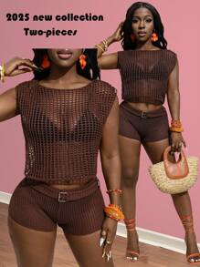 Slaydiva 2025春夏新款时尚度假沙滩泳衣派对优雅性感棕色镂空钩针宽松无袖上衣+腰带装饰迷你短裤女两件套，适合音乐节、性感街头风、毕业季、西部游牧风、波西米亚风 - 棕色 - 查看 8