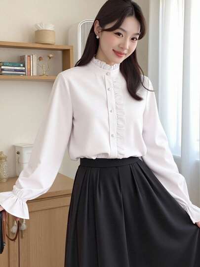 SHEIN 青少年女孩荷叶边领灯笼袖学院风休闲百搭白衬衫，优雅宫廷风白衬衫