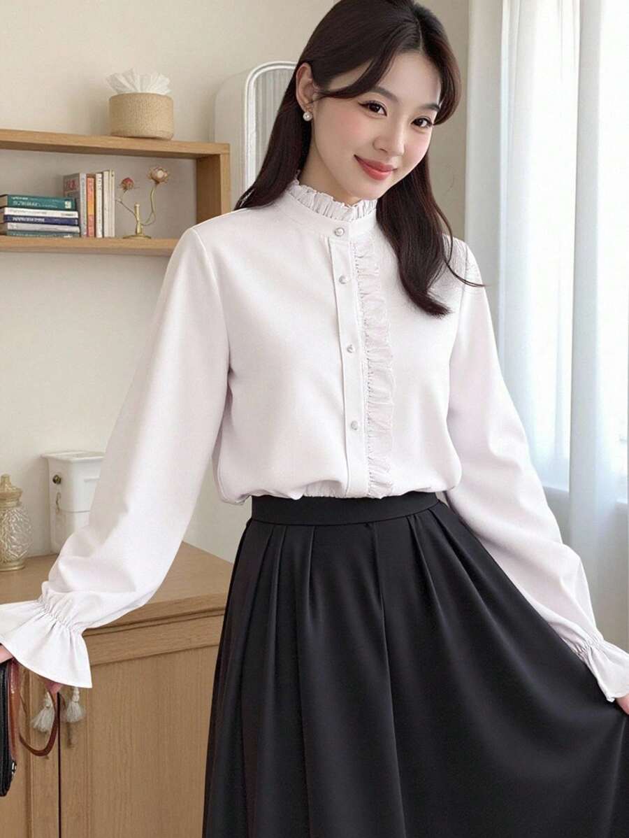 SHEIN 青少年女孩荷叶边领灯笼袖学院风休闲百搭白衬衫，优雅宫廷风白衬衫 - 白色 - 查看 1